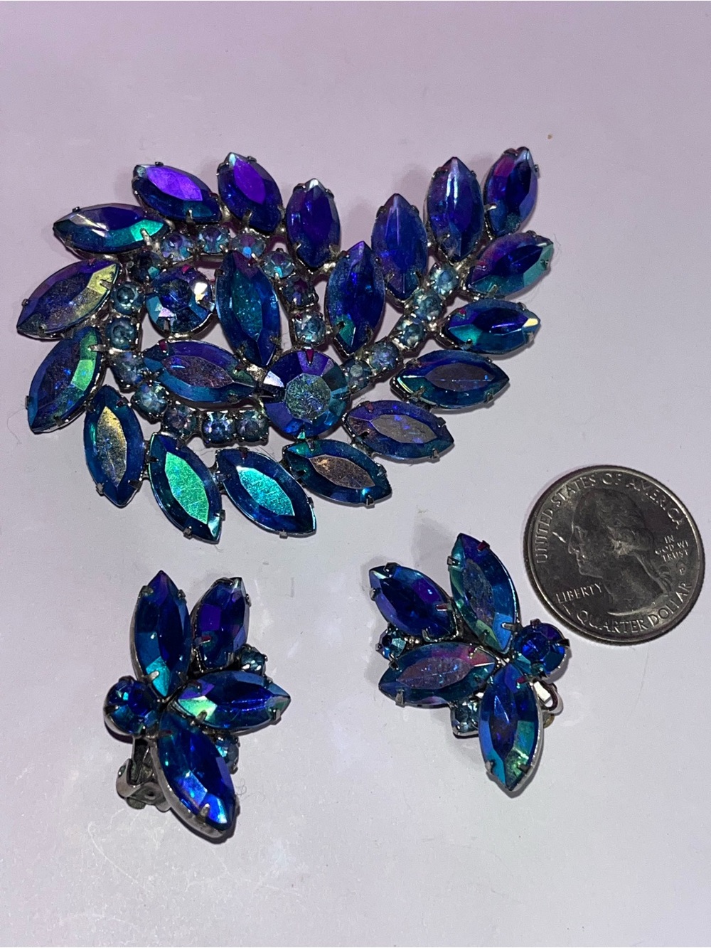 Vintage Aurora Borealis Rhinestone Brooch & Clip On Earring Set